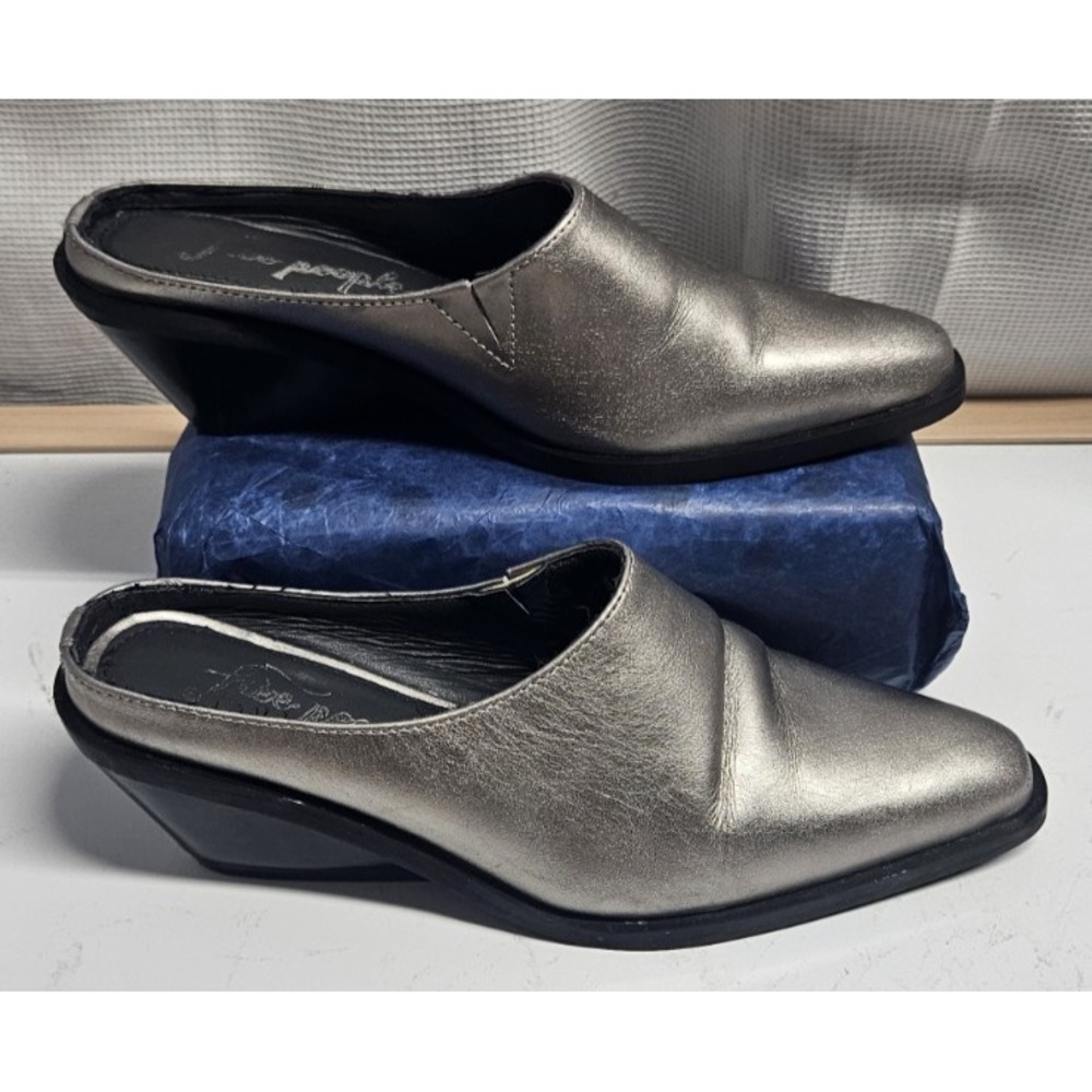 Free People Tallulah Western Wedge mules metalllic silver Platino 37.5/ US7
